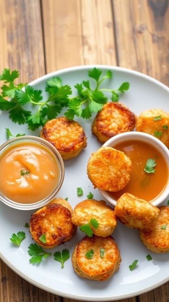 Crispy air fryer salmon bites garnished with parsley on a plate with dipping sauce.